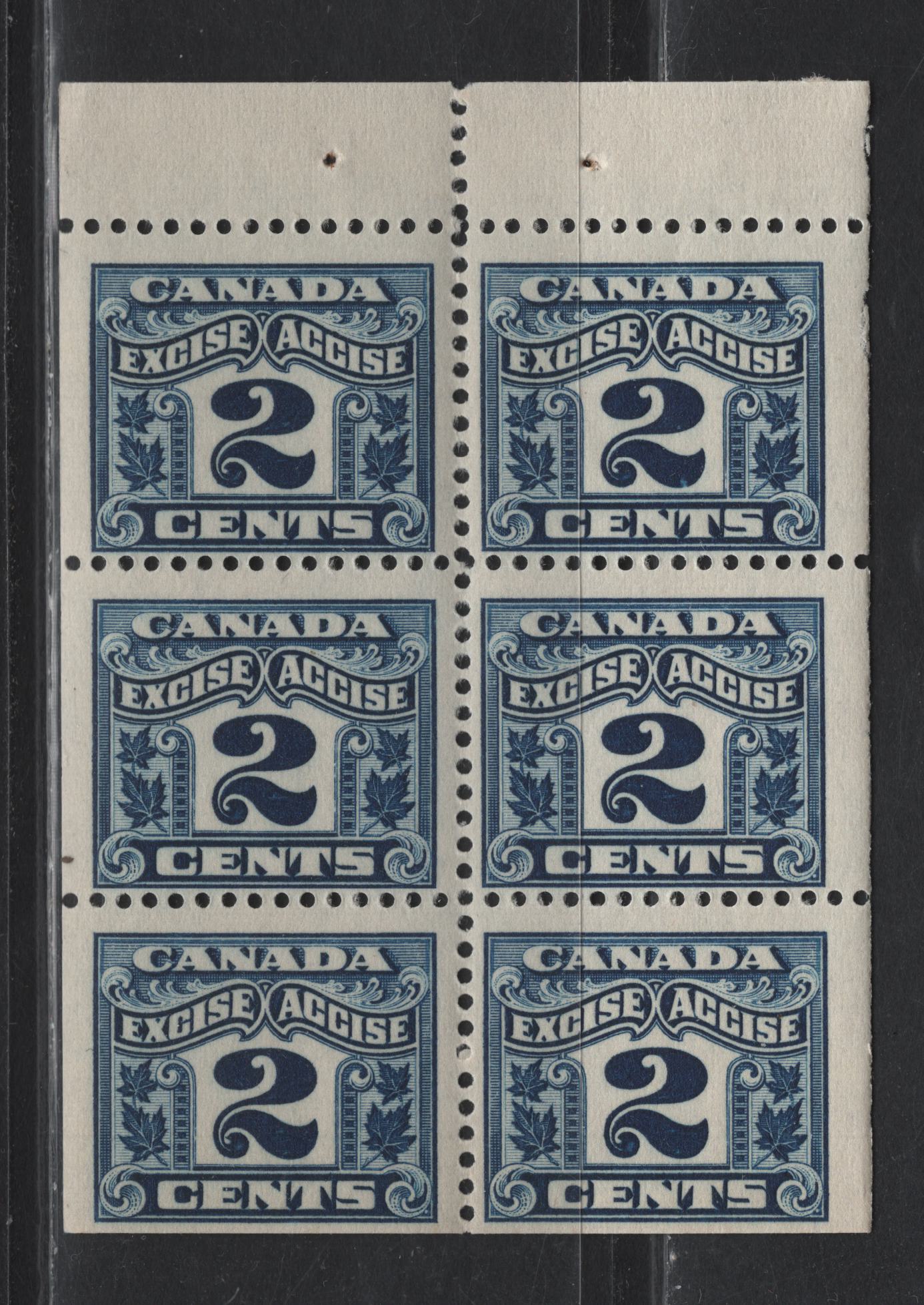 Canada Van Dam#FX36 2c Blue Numeral, 1915-1928 Two Leaf Excise Tax Issue, A FNH Booklet Pane Of 6, Dry Printing