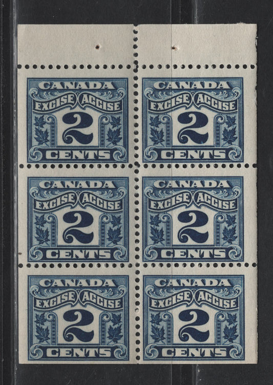 Canada Van Dam#FX36 2c Blue Numeral, 1915-1928 Two Leaf Excise Tax Issue, A FNH Booklet Pane Of 6, Dry Printing