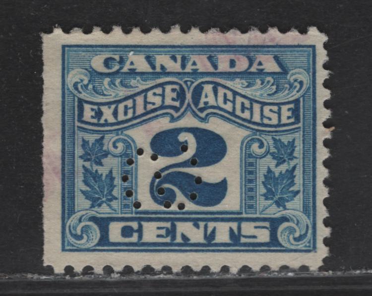 Lot 169 Canada Van Dam#FX36var 2c Light Blue Numeral, 1915-1928 Two Leaf Excise Tax Issue, A Very Fine Used Single, Wet Printing, Sideways Perfin For Swift Canadian CO LTD in Toronto, Natural Straight Edge At Left.