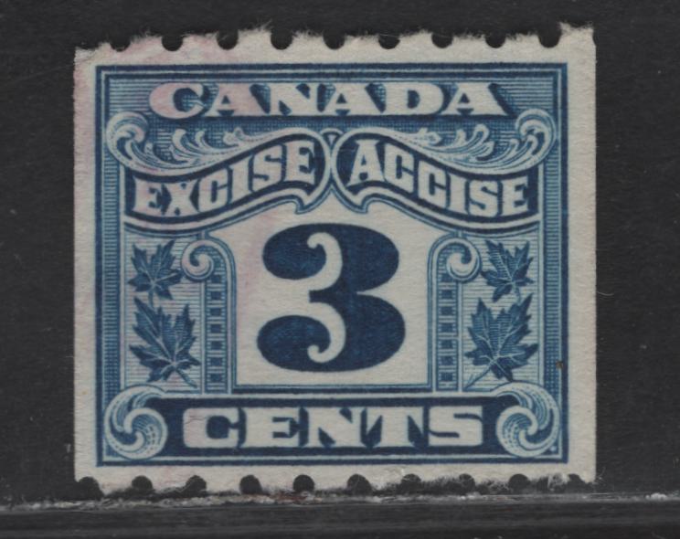 Lot 170 Canada Van Dam#FX47 3c Blue Numeral, 1915-1928 Two Leaf Excise Tax Issue, A Very Fine Used Coil Singles, Perf 8 Horizontal