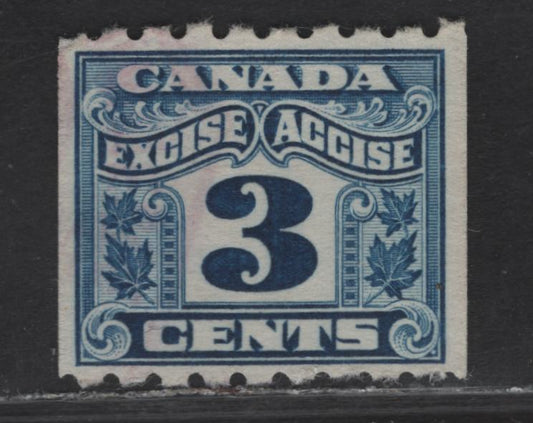 Canada Van Dam#FX47 3c Blue Numeral, 1915-1928 Two Leaf Excise Tax Issue, A Very Fine Used Coil Singles, Perf 8 Horizontal