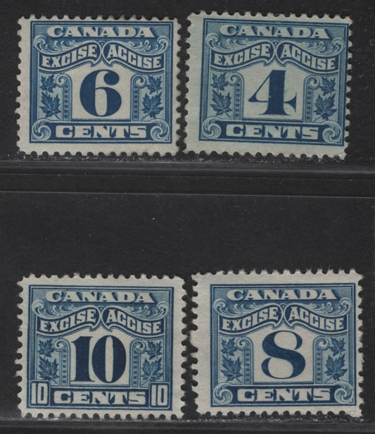 Lot 172 Canada Van Dam#FX39-FX42 4c - 10c Blue Numeral, 1915-1928 Two Leaf Excise Tax Issue, 4 Fine Used Singles, 6c Wet Printing, Rest Dry