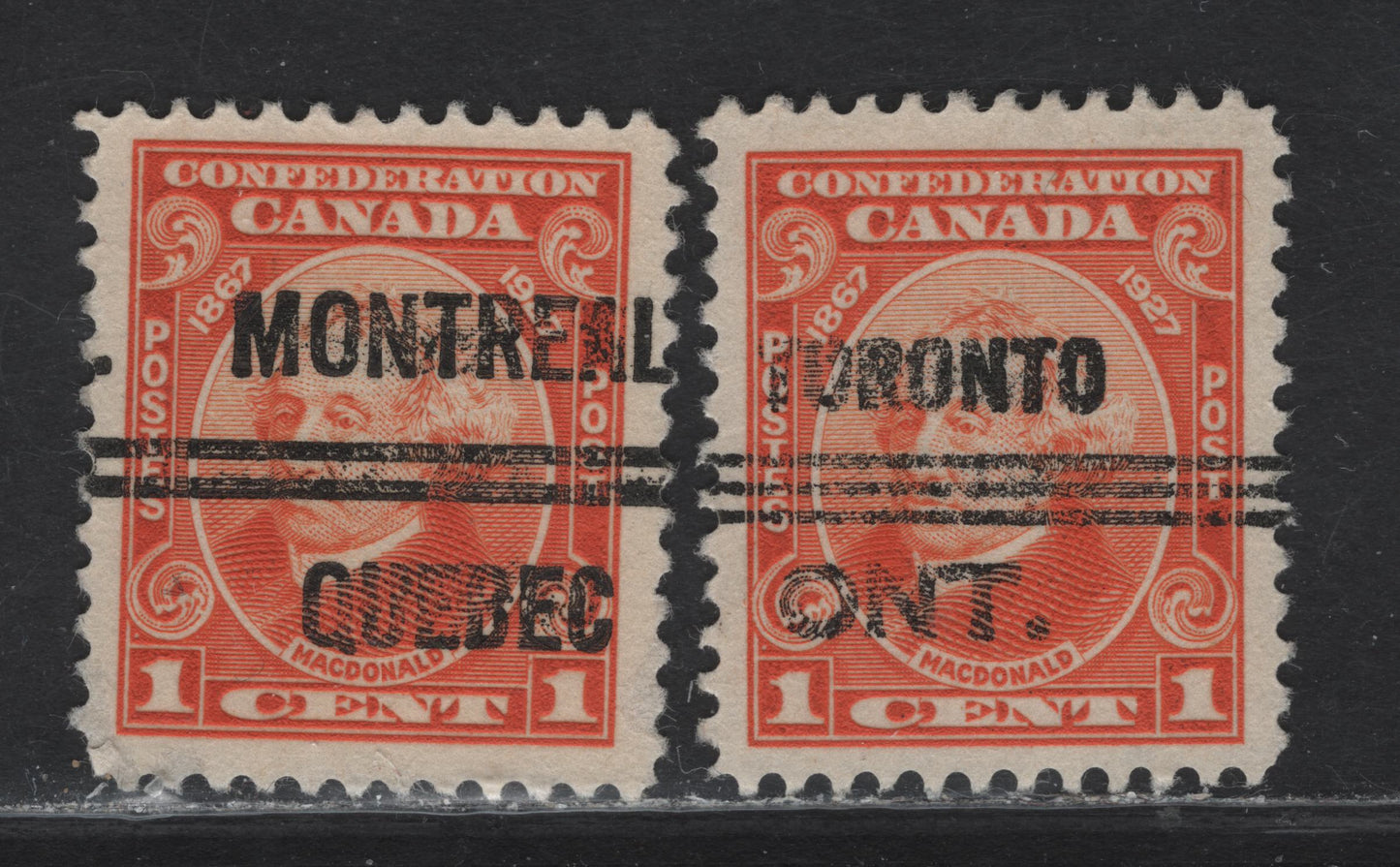 Lot 182 Canada #141xx 1c Dull Orange - Orange Sir John A Macdonald, 1927 60th Anniv of Confederation Issue, 2 Very Fine Used Precancelled Singles, Paper ABN-CCCC, Montreal Style 6 & Toronto Style 12 Precancels