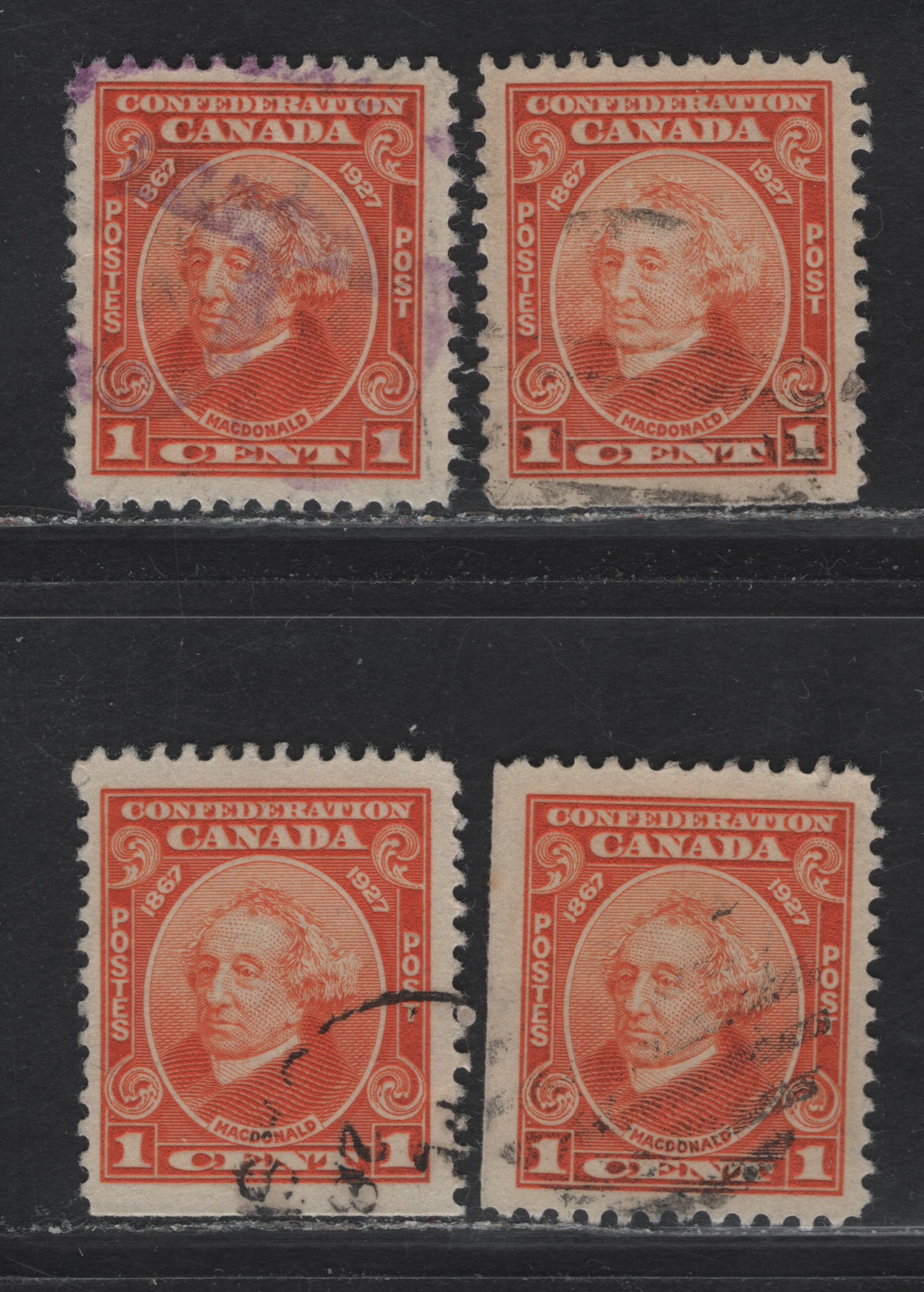 Lot 183 Canada #141 1c Dull Orange - Orange Sir John A Macdonald, 1927 60th Anniv of Confederation Issue, 2 Very Fine Used Singles, Papers ABN-M & ABN-CCCC