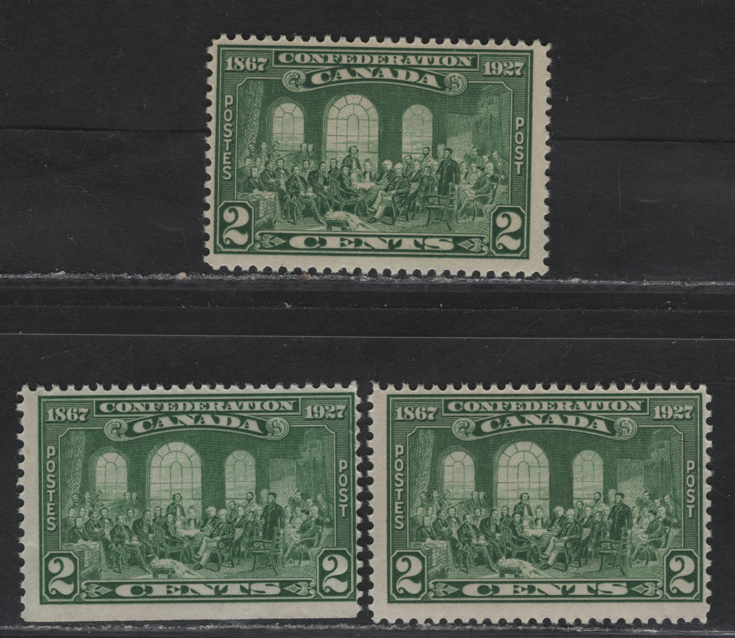 Lot 190 Canada #142 2c Green - Dull Green Fathers of Confederation, 1927 60th Anniv of Confederation Issue, 3 FNH Singles, Papers ABN-M & ABN-CCCC