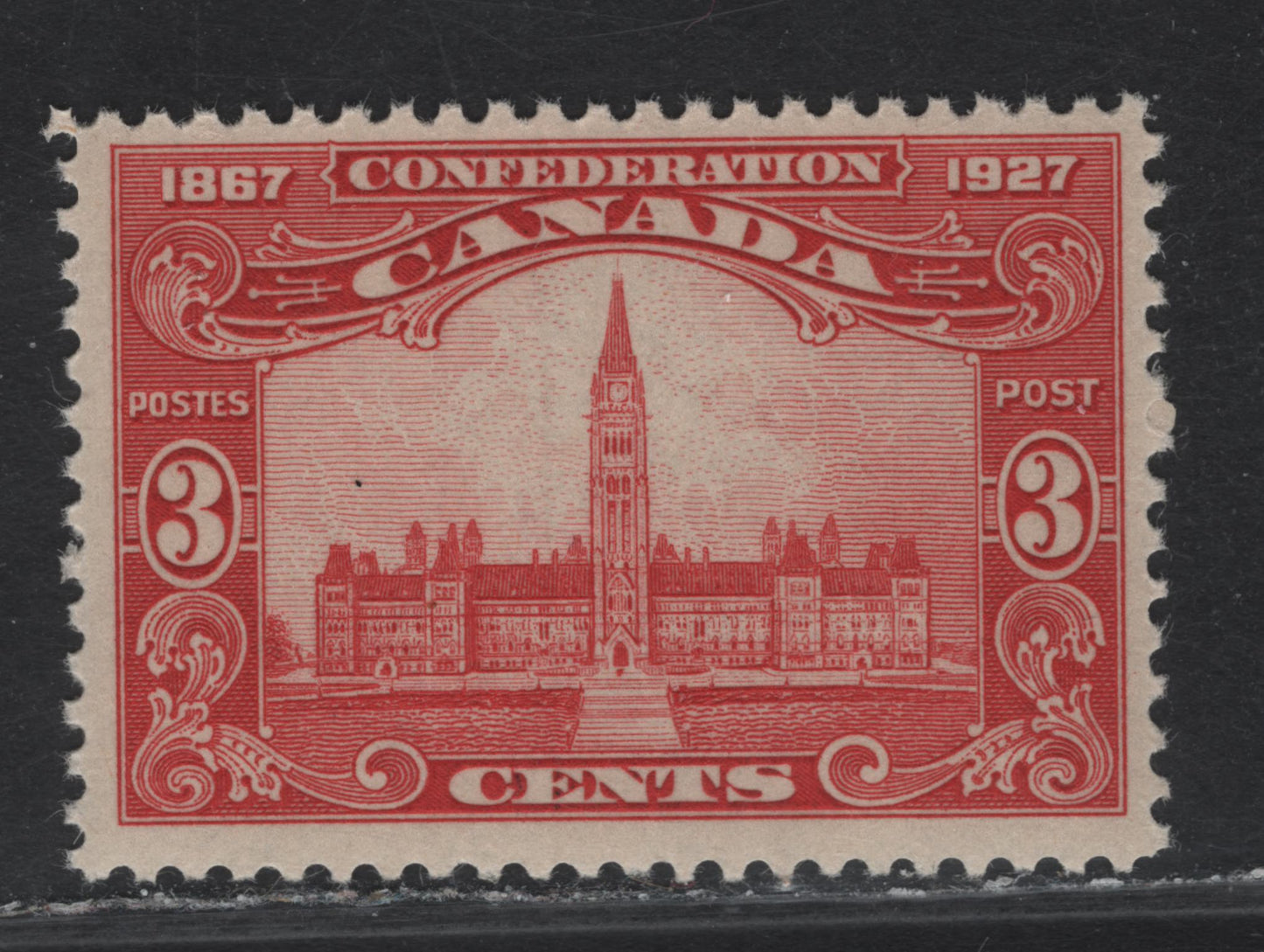 Lot 192 (C) Canada #143 3c Carmine Red Parliament Buildings, 1927 60th Anniv of Confederation Issue, A VFNH Single, Paper ABN-CCCC
