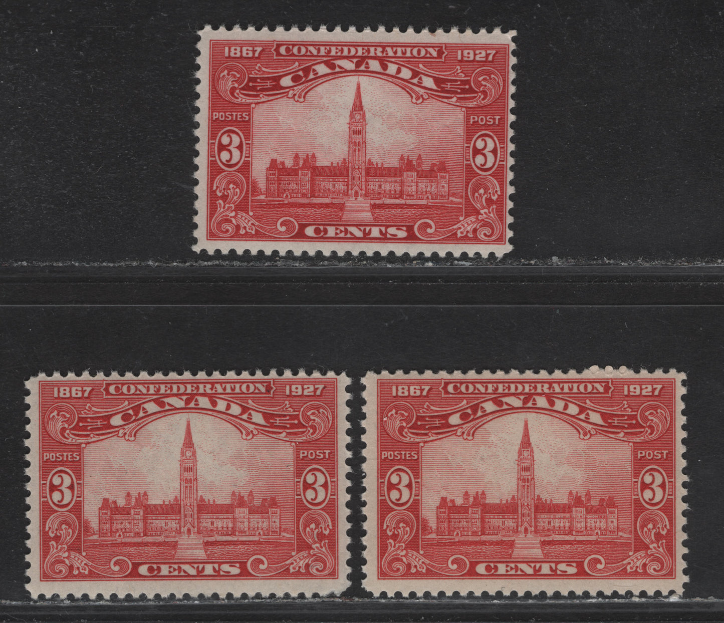 Lot 193 (C) Canada #143 3c Bright Carmine Red - Light Carmine Red Parliament Buildings, 1927 60th Anniv of Confederation Issue, 3 FNH Singles, Papers ABN-CCCC, ABN-I & ABN-M
