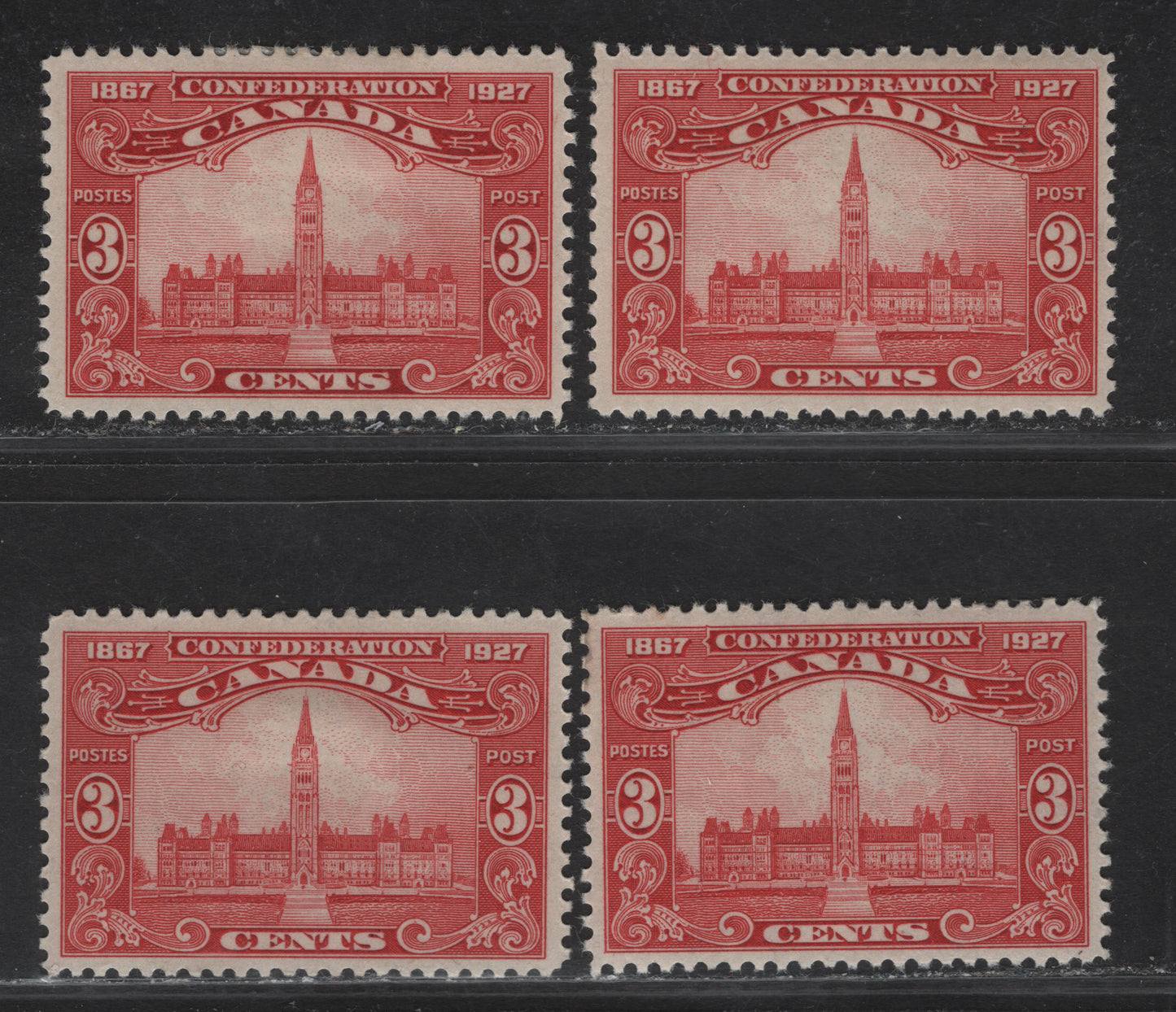 Lot 194 (C) Canada #143 3c Carmine Red - Pale Carmine Red Parliament Buildings, 1927 60th Anniv of Confederation Issue, 4 VFOG Singles, Papers ABN-M, ABN-XXX, ABN-CCCC & ABN-YYY