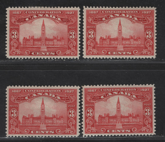Lot 194 (C) Canada #143 3c Carmine Red - Pale Carmine Red Parliament Buildings, 1927 60th Anniv of Confederation Issue, 4 VFOG Singles, Papers ABN-M, ABN-XXX, ABN-CCCC & ABN-YYY