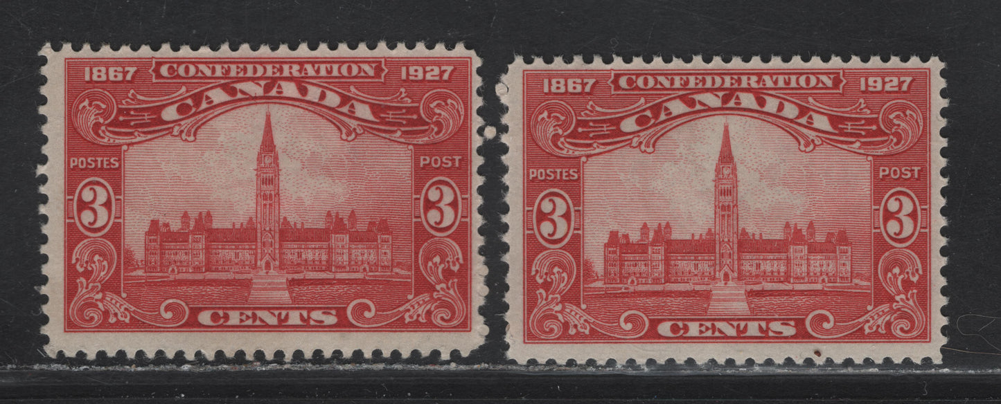 Lot 195 Canada #143 3c Carmine Red Parliament Buildings, 1927 60th Anniv of Confederation Issue, 2 FOG Singles, Papers ABN-BBBB & ABN-M