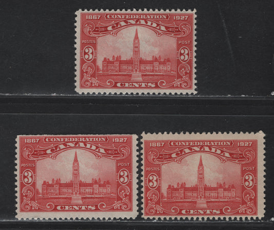Lot 196 Canada #143 3c Carmine Red - Bright Carmine Red Parliament Buildings, 1927 60th Anniv of Confederation Issue, 3 FOG Singles, Papers ABN-BBBB, ABN-FFFF & ABN-XXX (Natural Straight Edge On Top)