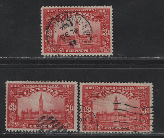 Lot 197 Canada #143 3c Carmine Red & Bright Carmine Red Parliament Buildings, 1927 60th Anniv of Confederation Issue, 2 Very Fine Used Singles, Papers ABN-GGGG & ABN-M