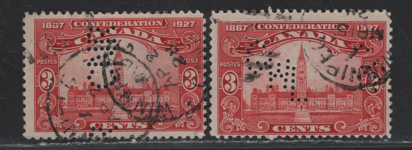 Lot 198 Canada #143 3c Carmine Red Parliament Buildings, 1927 60th Anniv of Confederation Issue, 2 Very Good/Fine Used Singles, Paper ABN-M, Winnipeg CNR Perfin, Pos. 2 & Great West Life Assurance Co Perfin Pos 1