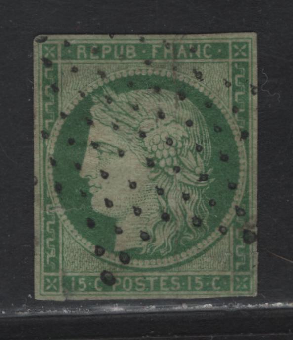 Lot 1A France #2 15c Green on Greenish Ceres, 1849-1850 Ceres Heads Imperf Issue, A Poor Used Imperf Single, Presentable, Fine Appearing But Faulty Example, Four Clear But Close Margins With Extensive Faults