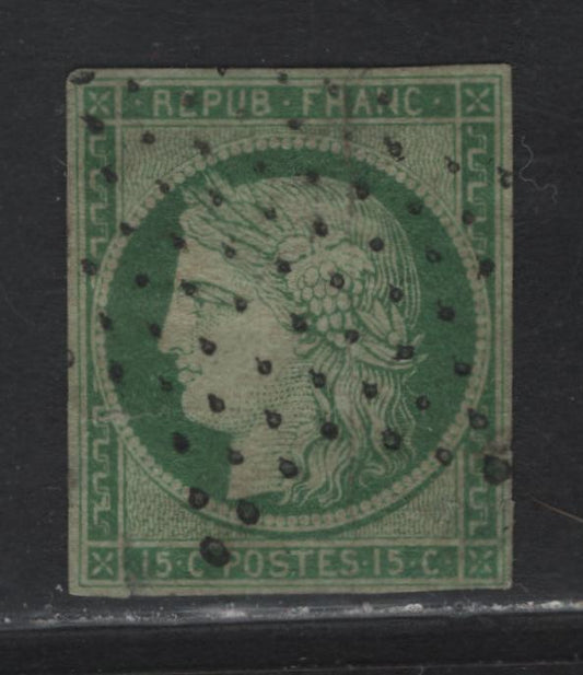 Lot 1A France #2 15c Green on Greenish Ceres, 1849-1850 Ceres Heads Imperf Issue, A Poor Used Imperf Single, Presentable, Fine Appearing But Faulty Example, Four Clear But Close Margins With Extensive Faults