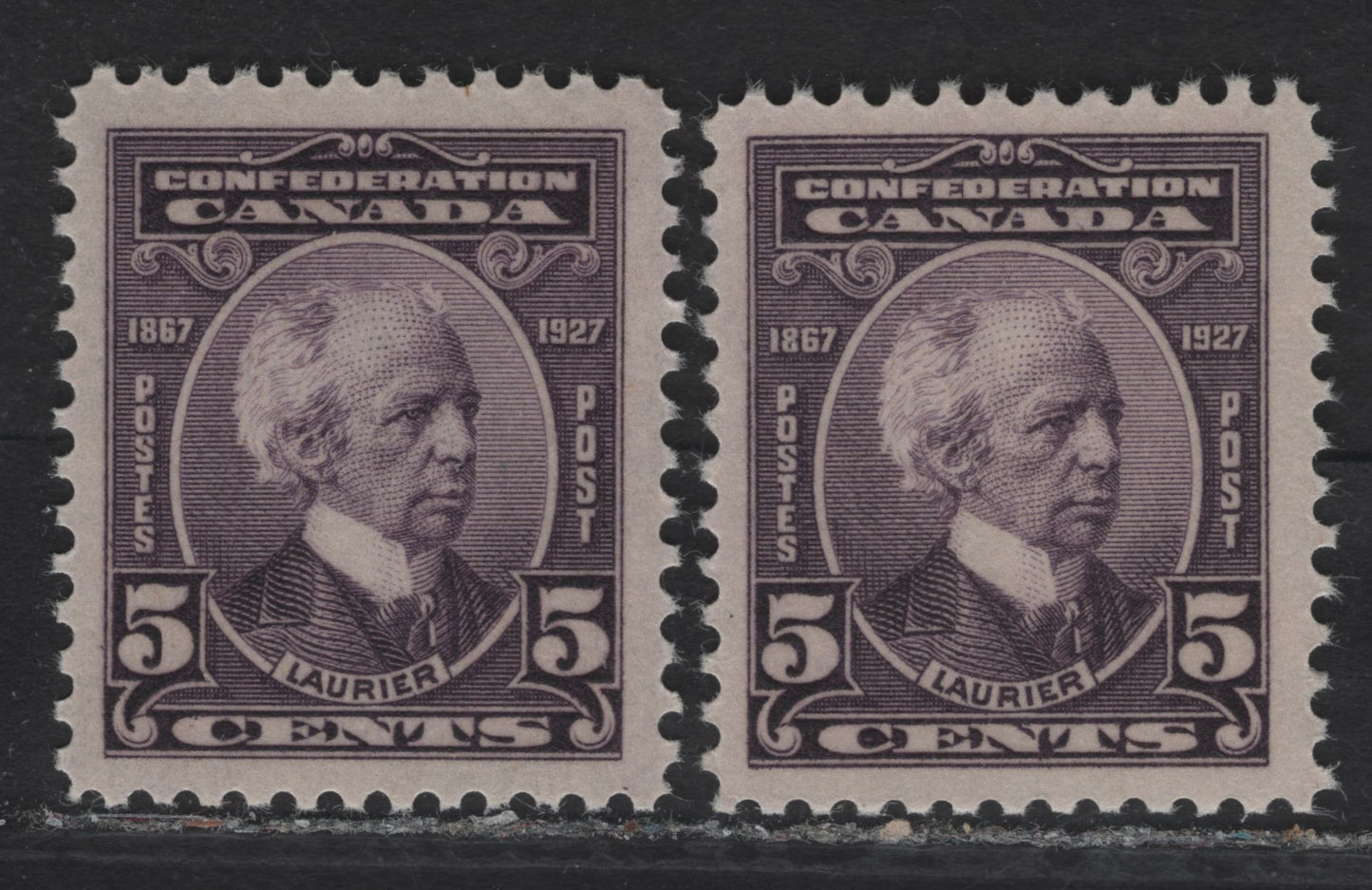 Lot 200 (C) Canada #144 5c Milky Violet & Deep Milky Violet Sir Wilfrid Laurier, 1927 60th Anniv of Confederation Issue, 2 VFNH Singles, Paper ABN-CCCC