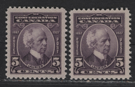 Lot 200 (C) Canada #144 5c Milky Violet & Deep Milky Violet Sir Wilfrid Laurier, 1927 60th Anniv of Confederation Issue, 2 VFNH Singles, Paper ABN-CCCC