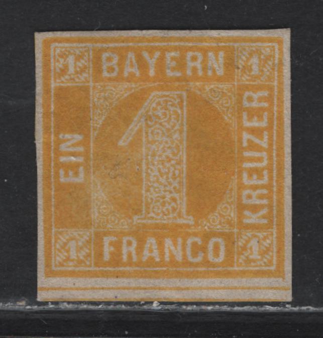 Lot 20 Germany - Bavaria #9 1kr Yellow Numeral, 1862 Numeral Issue, A VFOG Single, Three Close & 1 Large Margin At Bottom, Showing Full Dividing Line