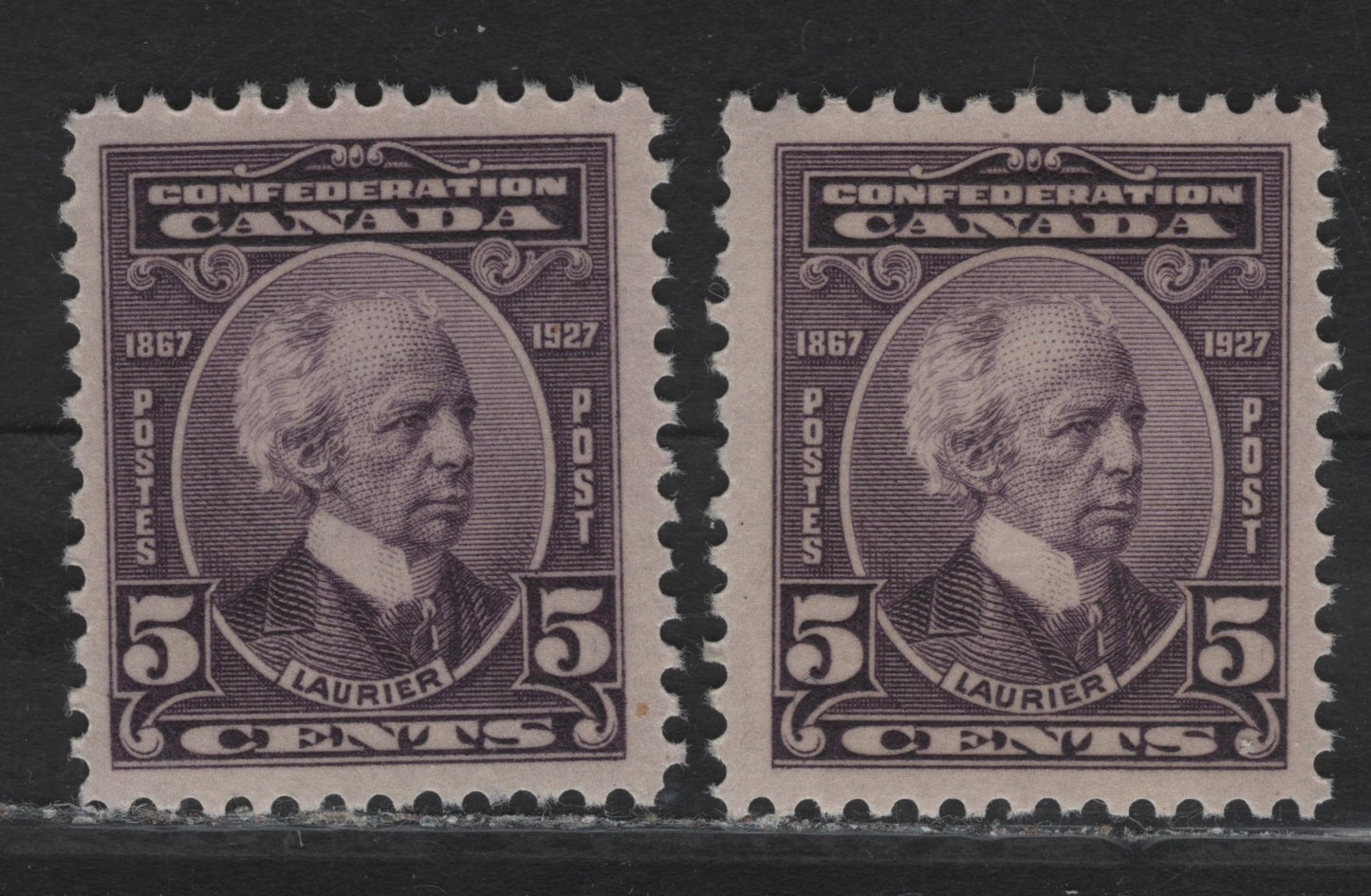 Lot 201 (C) Canada #144 5c Milky Violet Sir Wilfrid Laurier, 1927 60th Anniv of Confederation Issue, 2 VFNH Singles, Papers ABN-CCCC & ABN-DDDD