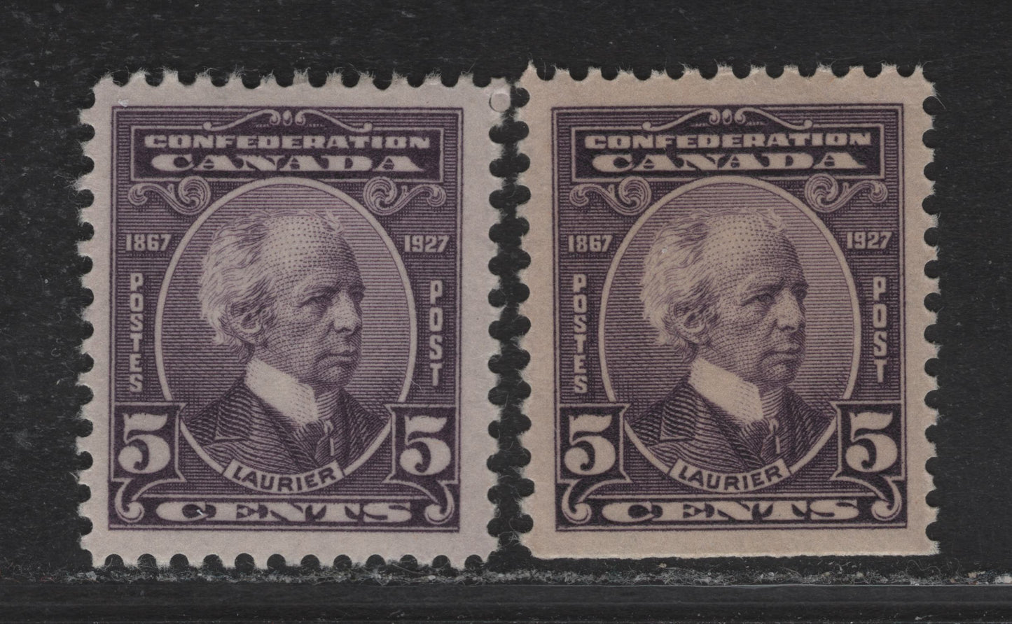 Lot 203 Canada #144 5c Milky Violet - Dull Violet Sir Wilfrid Laurier, 1927 60th Anniv of Confederation Issue, 2 VFOG Singles, Papers ABN-YYY & ABN-XXX