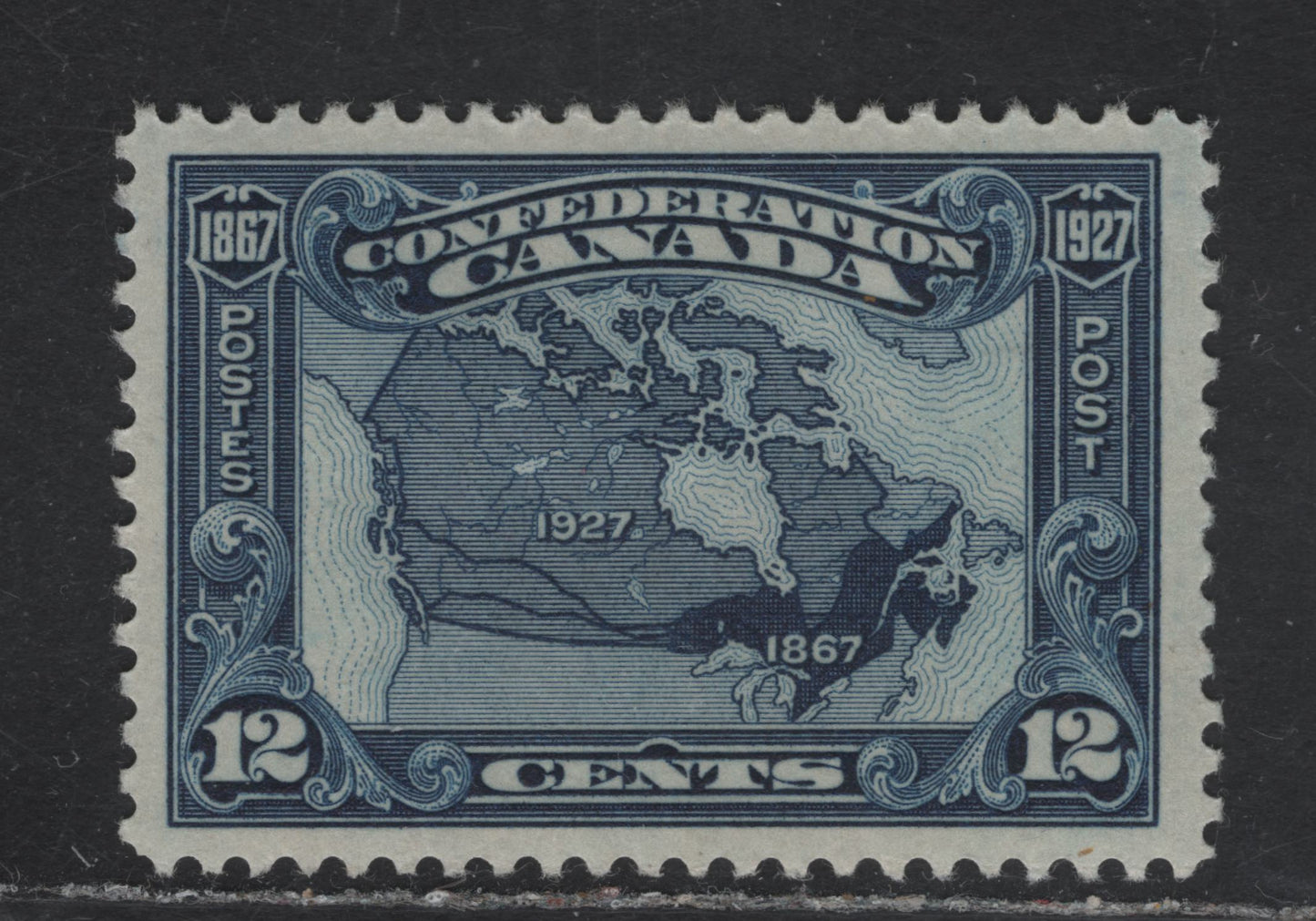 Lot 207 Canada #145 12c Dark Blue Map of Canada, 1927 60th Anniv of Confederation Issue, A VFJOG Single, Paper ABN-G, Jumbo Margins