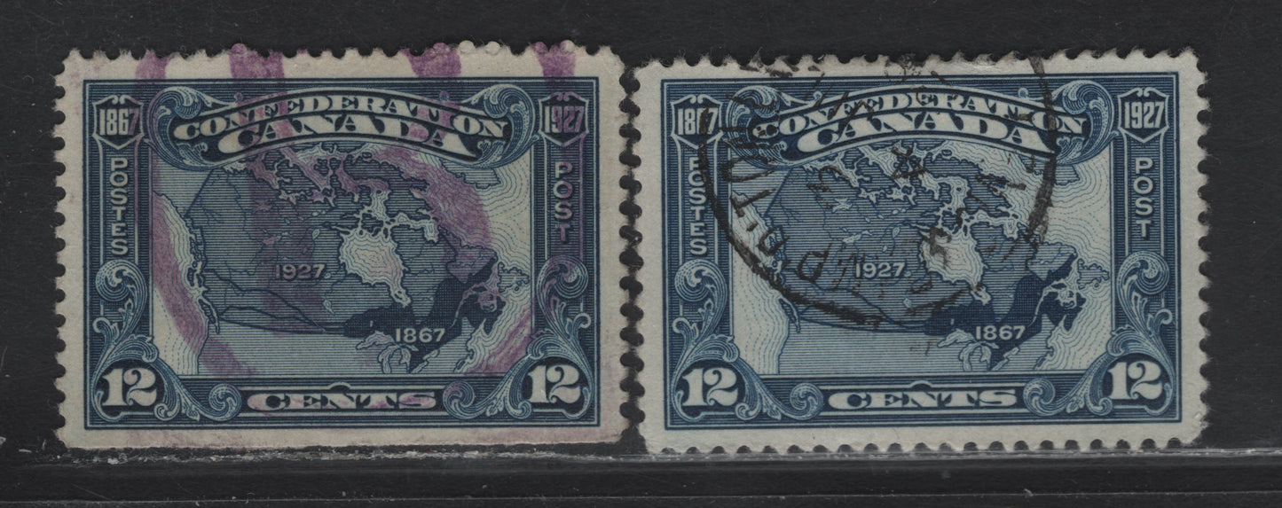 (C) Canada #145 12c Dark Blue - Dark Bright Blue Map of Canada, 1927 60th Anniv of Confederation Issue, 2 Very Fine Used Singles, Opaque Vertical Wove Without Visible Mesh