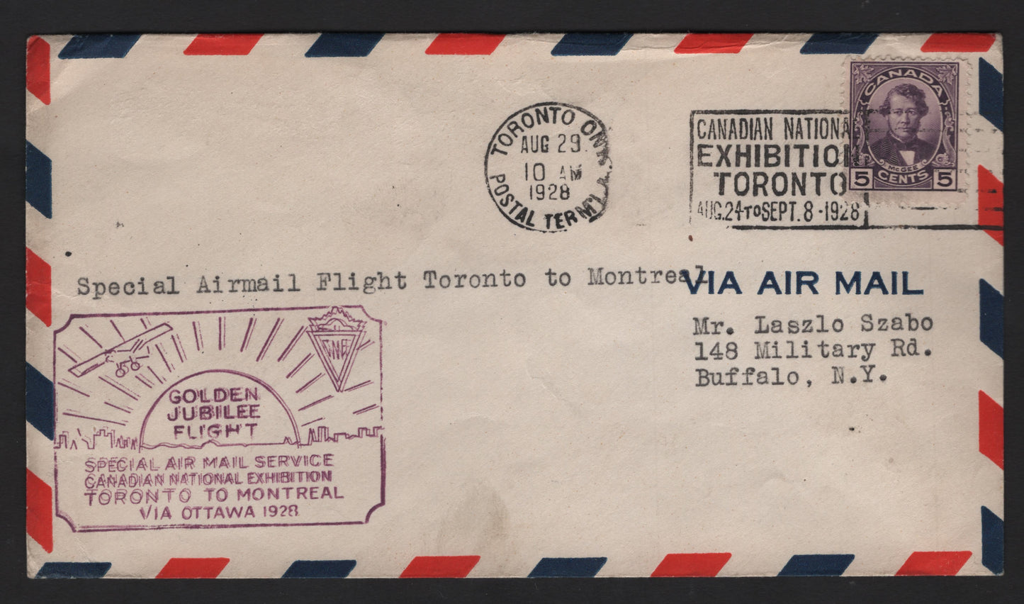 Lot 223 (C) Canada #146 5c Dark Purple Thomas D'Arcy McGee, 1927 Historical Issue, A Very Fine Used Cover, First Flight Cover For The CNE Exhibition Golden Jubilee Flight, AAMC# 2839b Toronto Montreal Leg