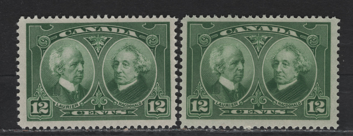 (C) Canada #147 12c Green & Deep Yellowish Green Laurier & Macdonald, 1927 Historical Issue, 2 FNH Singles, Paper ABN-M