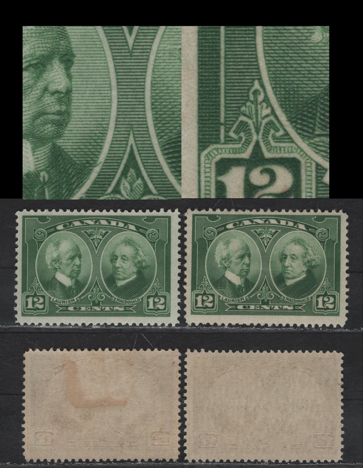 Lot 228 Canada #147var 12c Green Laurier & Macdonald, 1927 Historical Issue, 2 FOG Singles, Paper ABN-M, Showing Line In Madallion of Laurier's Portrait & Frame Break In LL Of Design Just Above Value Tablet