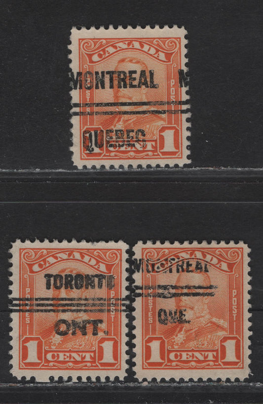 Canada #149xx 1c Orange King George V, 1928-1929 Scroll Issue, 3 Very Fine Used Singles, Showing Montreal Style 4, Style 7 & Toronto Style 12 Precancels