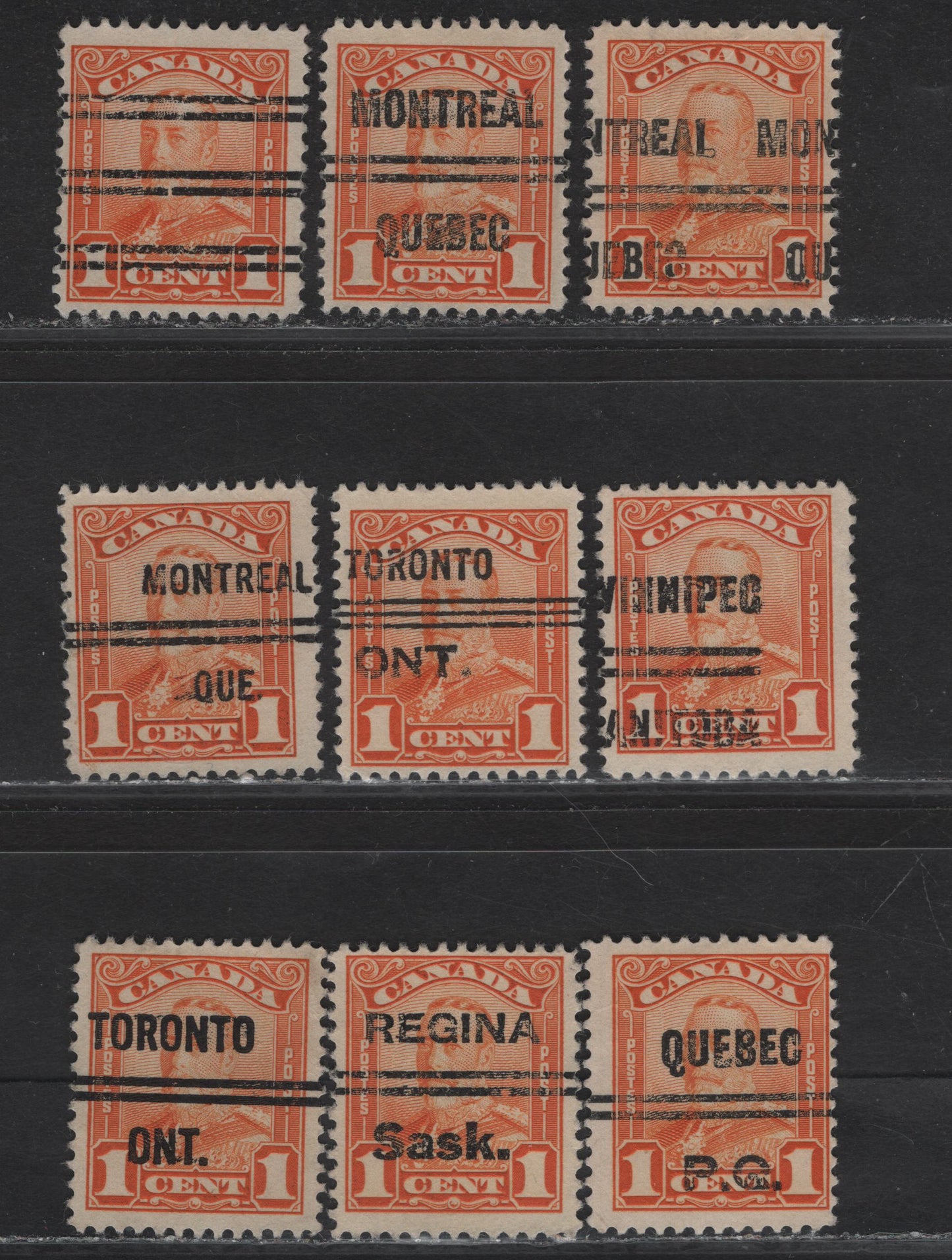 Lot 241 Canada #149xx 1c Orange King George V, 1928-1929 Scroll Issue, 9 Fine Used Singles, Different Papers & Precancels
