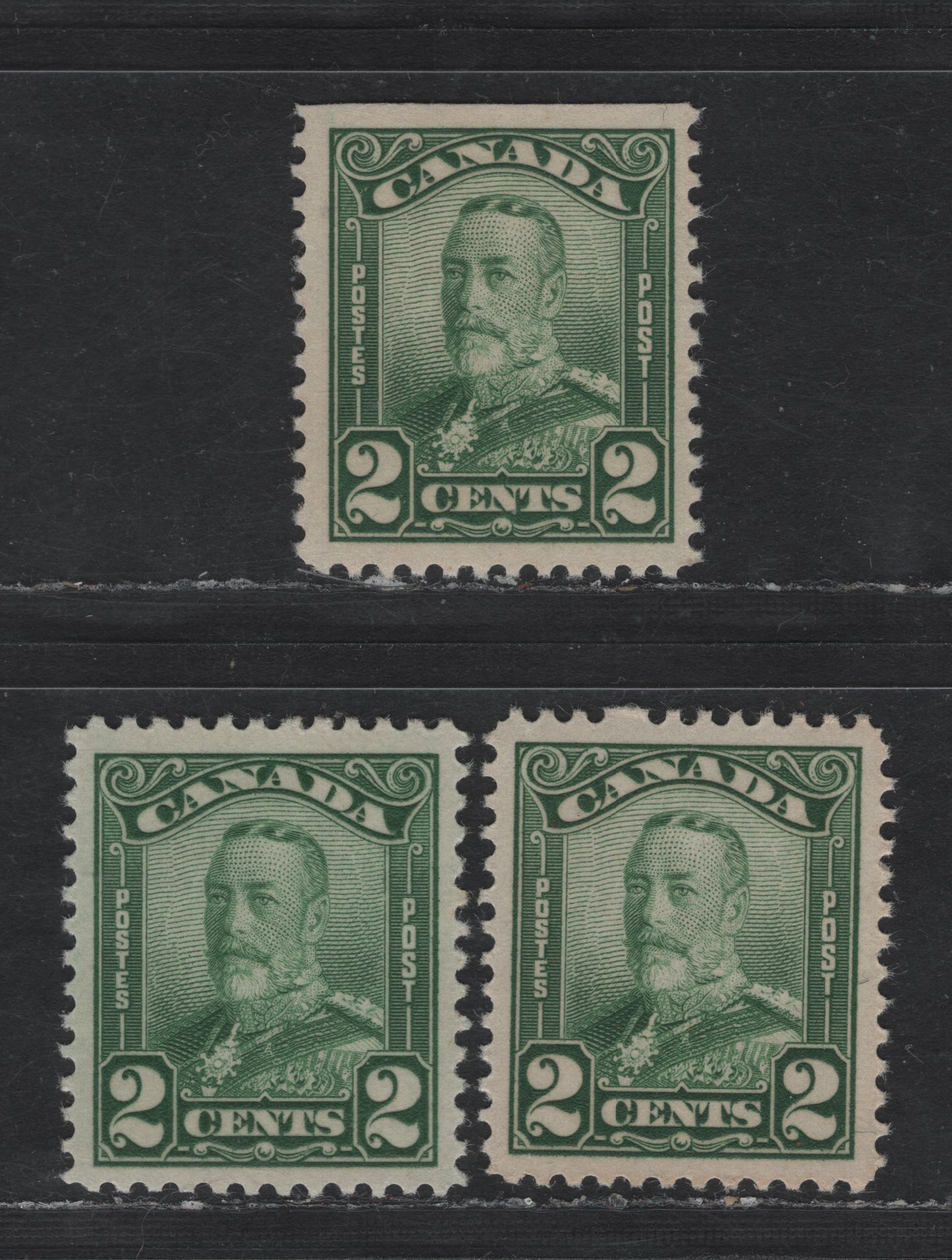 Lot 243 (C) Canada #150as 2c Green & Bright Green King George V, 1928-1929 Scroll Issue, 3 VFNH Booklet Singles, Papers ABN-M & ABN-CCCC