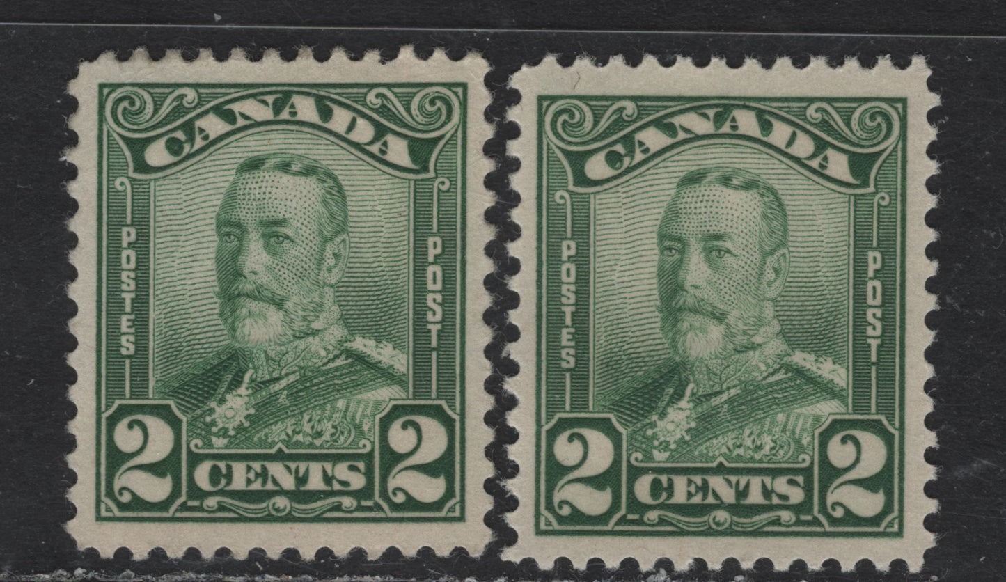 Lot 244 Canada #150 2c Green & Dull Green King George V, 1928-1929 Scroll Issue, 2 VFOG Singles, Paper ABN-M