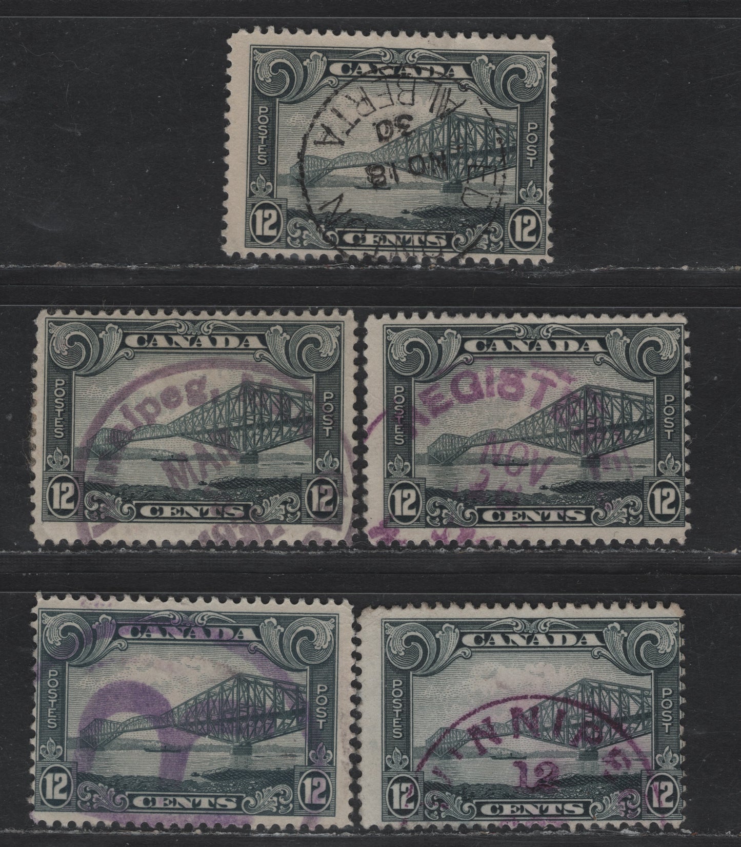 Lot 272 Canada #156 12c Slate - Light Bluish Slate Quebec Bridge, 1928-1929 Scroll Issue, 5 Good/Very Good/Fine Used Singles, Shade Lot Showing Range of Shades That Can Be Found, Small Wrinkles & Small Thin