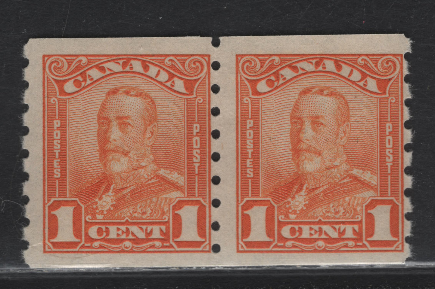 Lot 295 (C)Canada #160 1c Bright Orange King George V, 1929 Scroll Issue, A FNH Coil Pair, Paper ABN-OOOO, Perf 8 Vertical, Rotary Wheel Perforated.