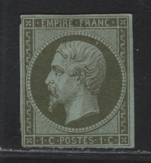 Lot 3 France #12 1c Olive Green on Pale Blue Napoleon III, 1853-1860 Imperf Napoleon III Issue, A Very Good Unused Imperf Single, Clear But Close Margins, Small Thin At Center Left