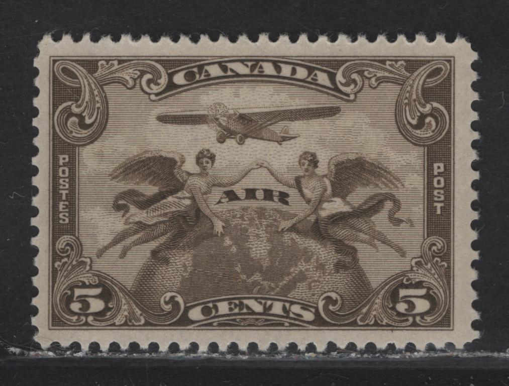 Canada #C1 5c Olive Brown Winged Figured & Globe, 1928 Airmail Issue, A VFOG Single, Paper ABN-OOOO