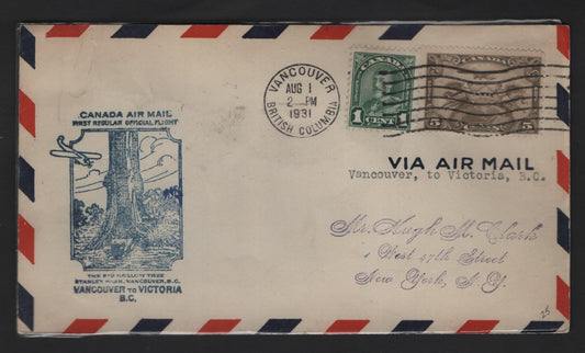 Lot 305 Canada #C1, 163b 5c - 1c Olive Brown - Blue Green Winged Figured & Globe - KGV, 1928 Airmail Issue, A Very Fine Used Cover, August 1, 1931 Vancouver - Victoria Flight, AAMC # 3137