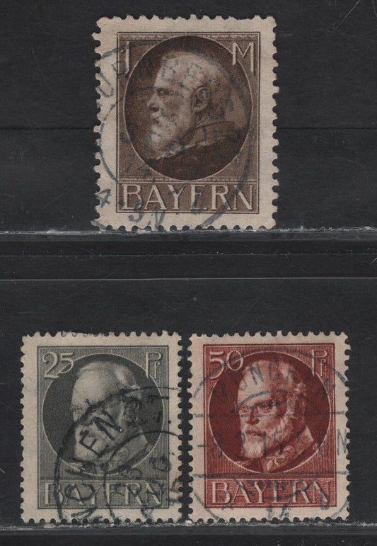 Lot 306 Germany - Bavaria #103a, 105a, 109a 25pf - 1m Gray - brown Ludwig III, 1914-1915 Ludwig III Issue, 3 Fine/Very Fine Used Singles, Pre-War Printings