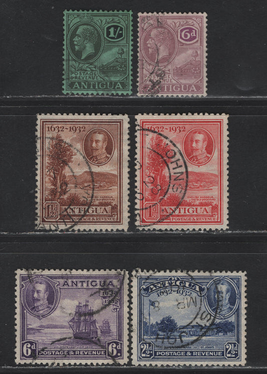 Lot 318 Antigua SG#75-76, 81-83, 85, 87 6d - 6d Dull & Bright Puple - Violet Badge of the Colony - Nelson's Victory, 1921-1932 KGVI Badge of the Colony - Tercentenary Issues, 7 Fine/Very Fine Used Singles