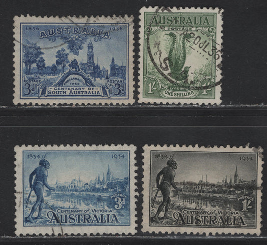 Australia SG#140, 148-149, 162 1/- - 3d Green - Bright Blue Lyrebird - Site of Adelaide, 1932-1936 Lyrebird - South Australia Centenary Issues, 4 Very Fine Used Singles, 1934 Victorial Centennial Is Perf 10.5