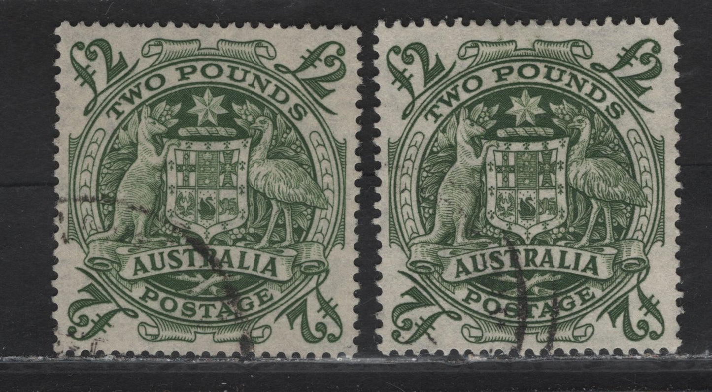 Lot 332 Australia SG#224d £2 Green & Dark Green Aboriginal Art, 1948-1956 High Value Arms Issue, 2 Very Fine Used Singles