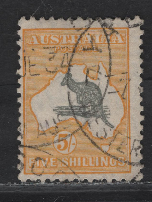 Lot 333 Australia SG#111 5/- Gray & Yellow Kangaroo & Map, 1929-1930 Kangaroo & Map Issue, A Fine Used Single, Small Crown & A Multiple Wmk