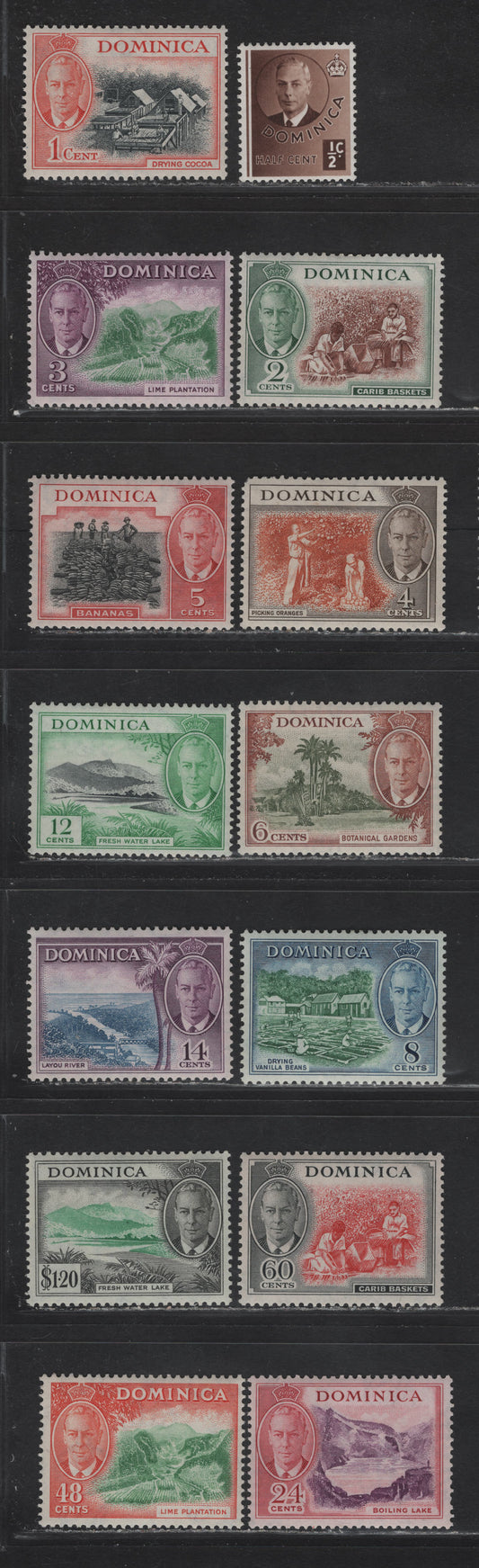 Lot 350 Dominica SG#120-133 1/2d - $1.20 Chocolate - Emerald & Black King George VI - Fresh Water Lake, 1951 KGVI Pictorial Issue, 14 VFOG Singles