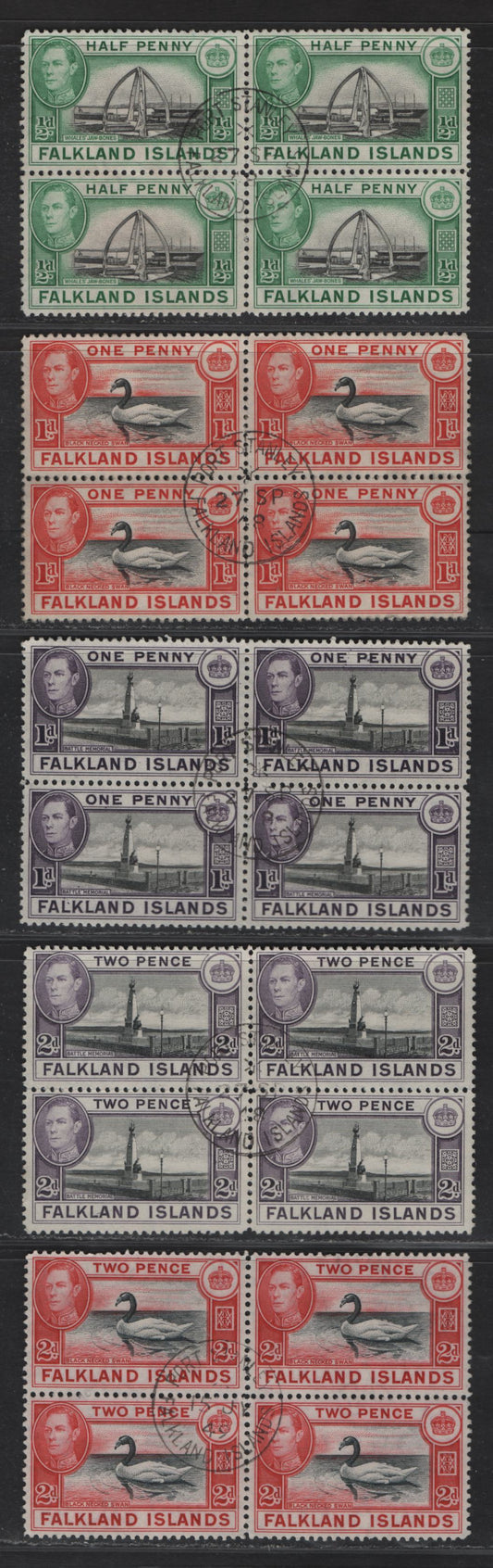 Lot 354 Falkland Islands SG#146, 147a, 148, 149, 150a 1/2d - 2d Black & Green - Black & Red King George VI, 1938-1950 KGVI Pictorial Issue, 5 Fine/Very Fine Used Blocks of 4, Central 1948 Port Stanley Postmarks, Wartime Printings