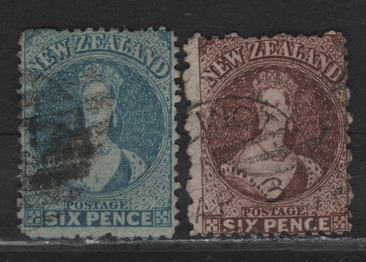 Lot 58 (C) New Zealand SG#122, 136 6d Red Brown - Pale Blue Queen Victoria, 1864-1871 Chalon Heads Issue, 2 Very Good/Fine Used Singles, Perf 12.5, Large Star Wmk