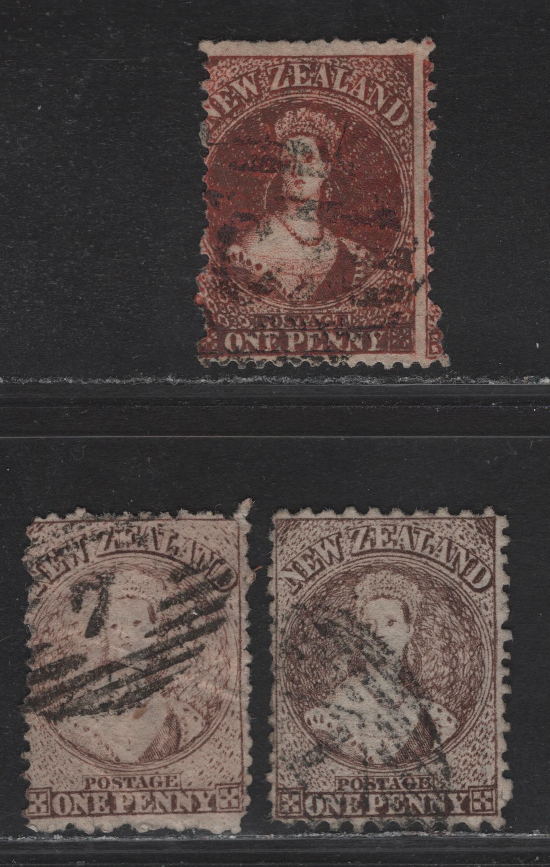 Lot 60 (C) New Zealand SG#110, 128, 132a 1d Brown - Carmine Vermillion Queen Victoria, 1864-1873 Chalon Heads Issue, 3 Good/Very Fine Used Singles, Perfs 10x12.5 & 12.5, Large Star Wmk