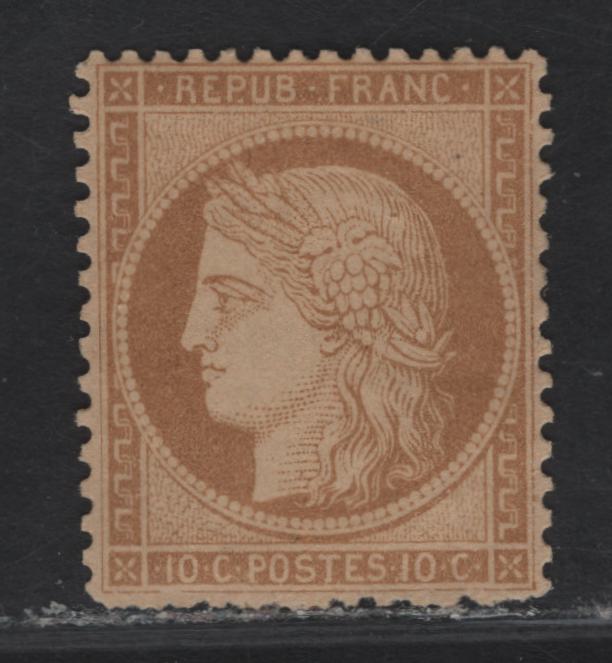Lot 6 France #54 10c Bistre on Yellowish Ceres, 1870-1873 Ceres Heads Issue, A FOG Single, Small Numerals, Well Centered But Shorter, Uneven Perfs Along Bottom Edge