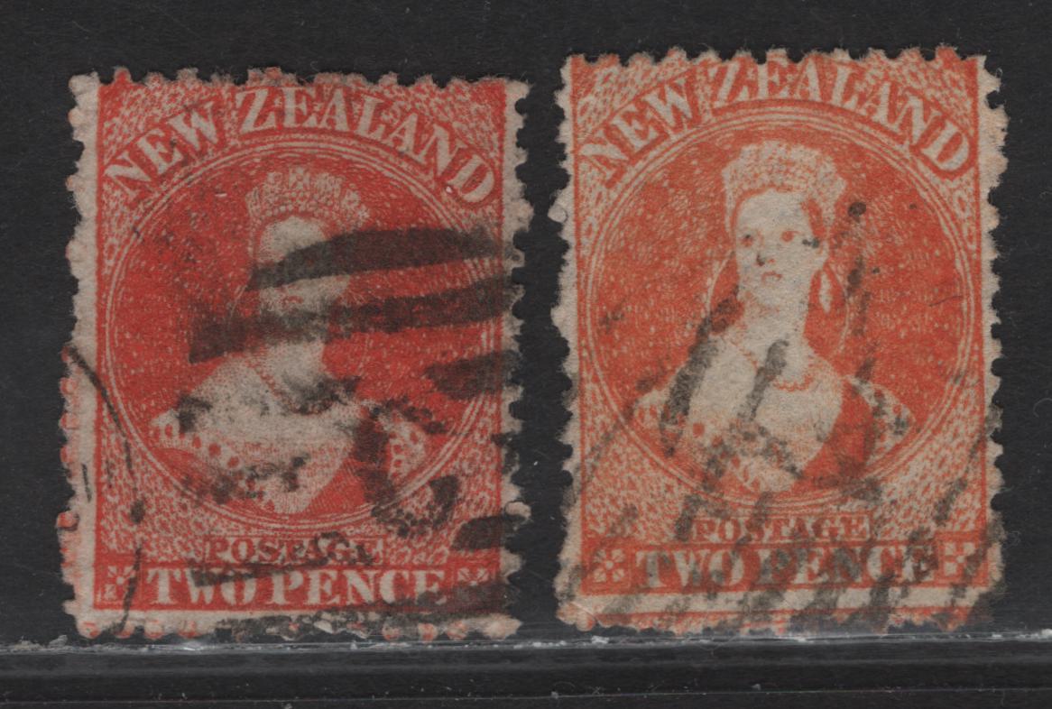 Lot 62 (C) New Zealand SG#133, 138 2d Orange - Vermillion Queen Victoria, 1871-1873 Chalon Heads Issue, 2 Good Used Singles, Perfs 12.5, Large Star Wmk & Unwatermarked, Small Corner Crease On Both Stamps.