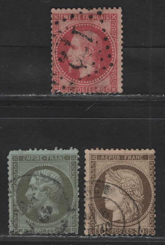 Lot 8 France #22, 36, 62 1c - 30c Olive Green on Pale Blue - Brown on Yellowish Napoleon III - Ceres, 1863-1873 Napoleon III - Ceres Issues, 3 Ungraded Used Singles, Presentable Examples, But All With Faults Including Short Perfs, Creases & Thins